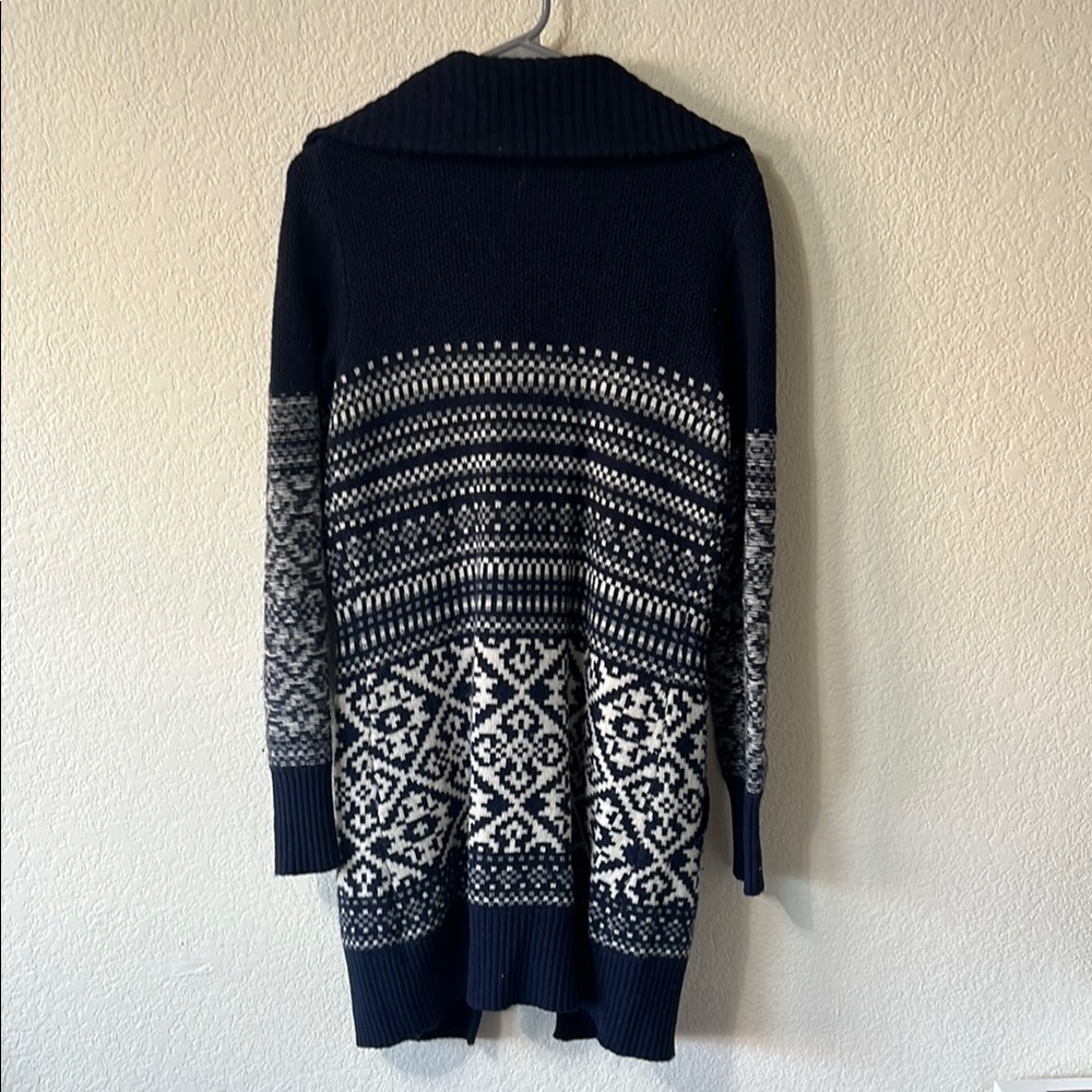 Navy Blue Patterned Cardigan Sweater - Picture 3 of 4